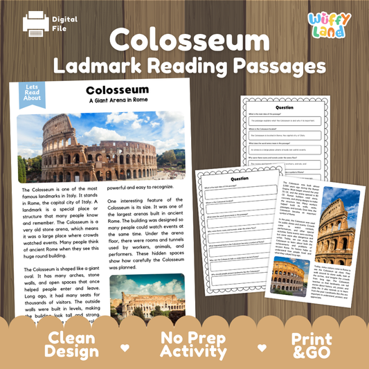 Digital educational resource cover for 'Colosseum Ladmark Reading Passages' featuring a wooden background, a sample text page, a worksheet, and a footer banner with product selling points.