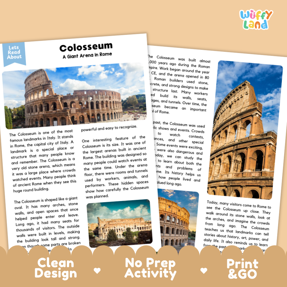 Two printed activity sheets for a children's language learning activity about Colosseum in Rome, shown on a white background with the brand name Wuffly Land at the top.