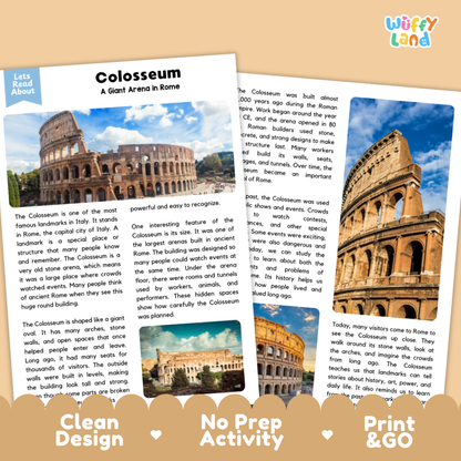 Two printed activity sheets for a children's language learning activity about Colosseum in Rome, shown on a white background with the brand name Wuffly Land at the top.