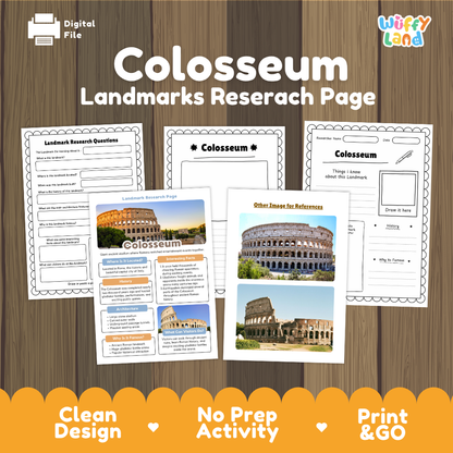 Digital worksheet preview for a 'Colosseum Landmarks Research Page' by Wiffy Land, displayed on a wood-grain background with three sample printable pages and an orange banner at the bottom.