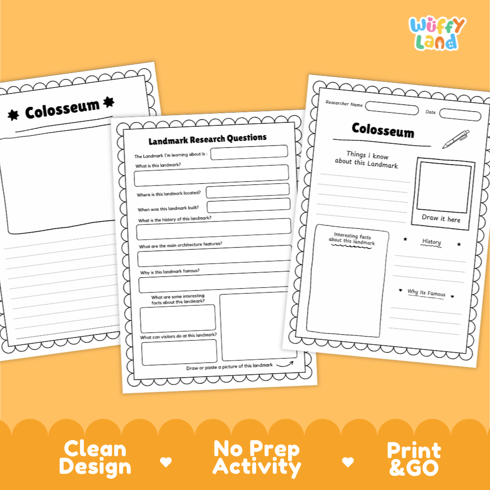 Three printable worksheet pages for a Colosseum research activity are shown on an orange background with decorative text at the bottom. The worksheets have black scalloped borders and printed headings including 'Colosseum' and 'Landmark Research Questions.