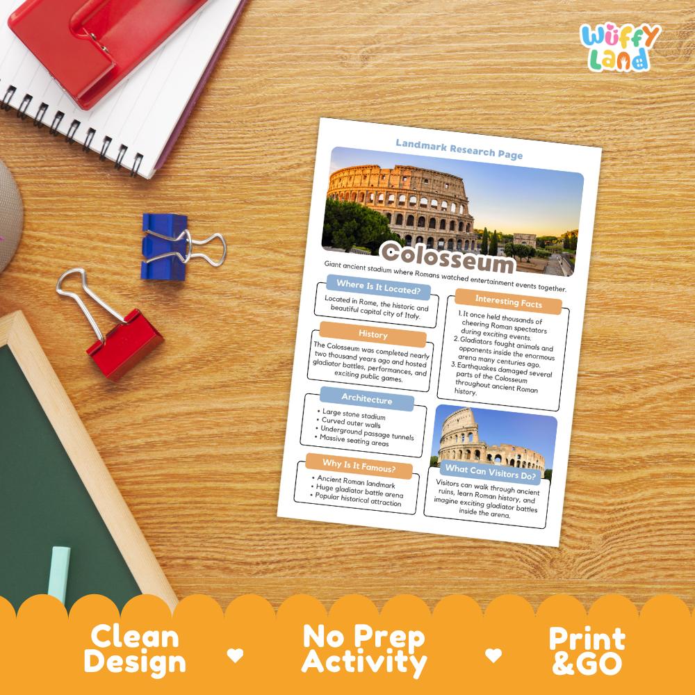 A printed educational activity sheet titled 'Landmark Research Page' about the Colosseum, shown on a wooden desk with school supplies. The sheet includes a large photo of the Colosseum, text sections, and a colorful 'Wiffy land' logo in the top right.