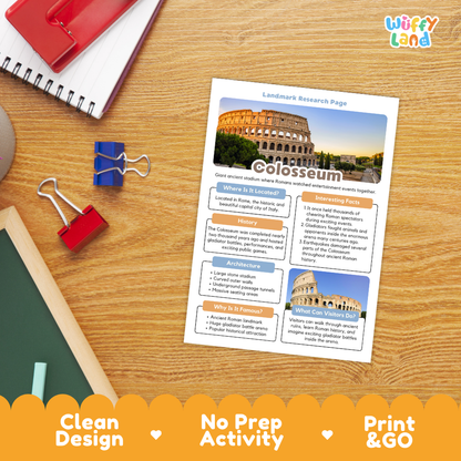 A printed educational activity sheet titled 'Landmark Research Page' about the Colosseum, shown on a wooden desk with school supplies. The sheet includes a large photo of the Colosseum, text sections, and a colorful 'Wiffy land' logo in the top right.