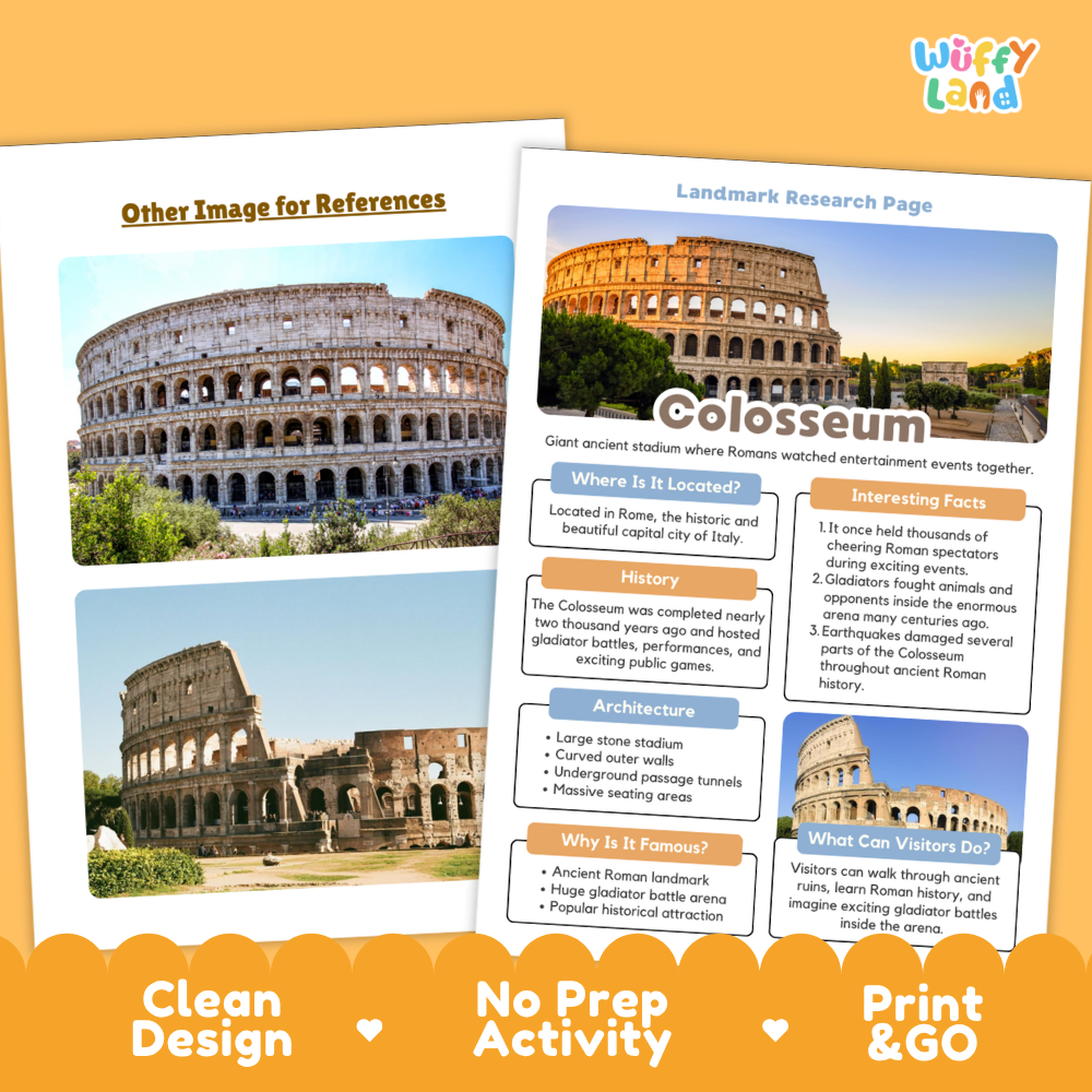 An educational printable activity sheet about the Colosseum, shown as a mockup with a large reference photo of the Colosseum on the left and the colorful worksheet design on the right. The sheet includes sections for location, history, architecture, and visitor tips.