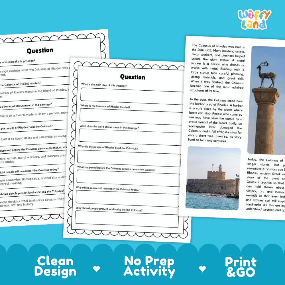 Student reading passage titled A Giant Statue by the Sea detailing Colossus of Rhodes history Helios sun god statue and Mediterranean harbor photography