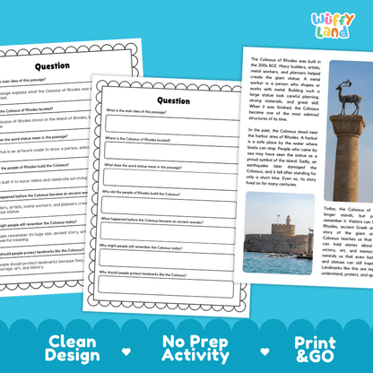 Student reading passage titled A Giant Statue by the Sea detailing Colossus of Rhodes history Helios sun god statue and Mediterranean harbor photography
