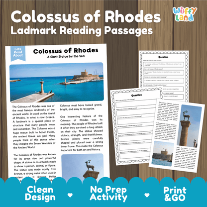 Colossus of Rhodes landmark reading passages educational study unit featuring nonfiction reading worksheets and authentic Rhodes harbor photography