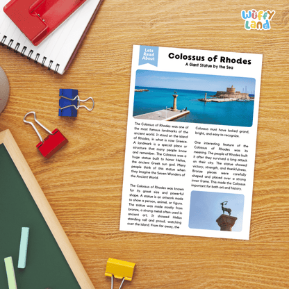 Lined reading comprehension question worksheet covering main ideas vocabulary terms and landmark facts about the Colossus of Rhodes