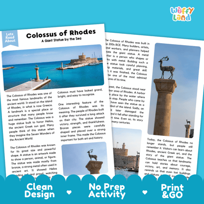 Reference sheet and answer key for Colossus of Rhodes landmark reading passage displaying completed comprehension answers and ancient Greek history facts
