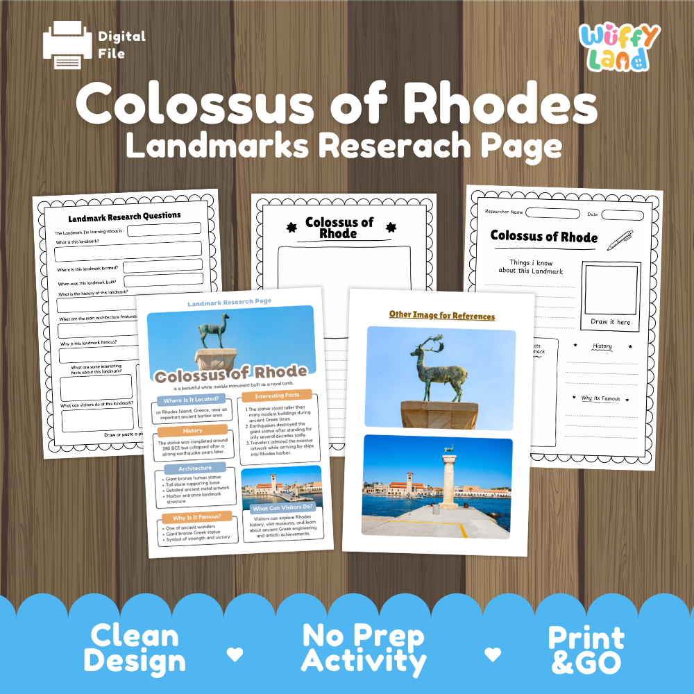 Digital file preview for a 'Colossus of Rhodes Landmarks Research Page' activity sheet set by Wiffy Land, displayed on a wood-grain background with a blue scalloped footer banner.