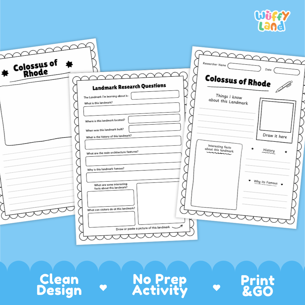 Three printable worksheet pages about the Colossus of Rhodes are shown on a light blue background with promotional text at the bottom. The sheets are white with black text and border lines, and the brand name 'Wiffy Land' appears in the top right corner.