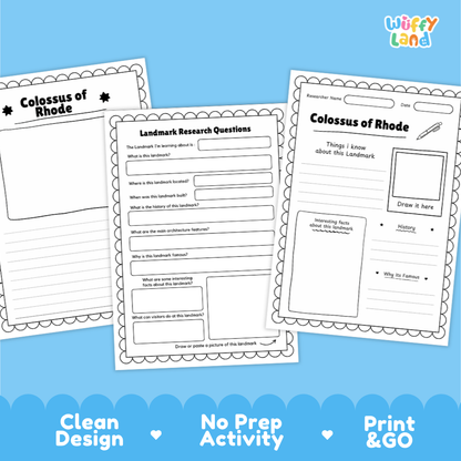 Three printable worksheet pages about the Colossus of Rhodes are shown on a light blue background with promotional text at the bottom. The sheets are white with black text and border lines, and the brand name 'Wiffy Land' appears in the top right corner.