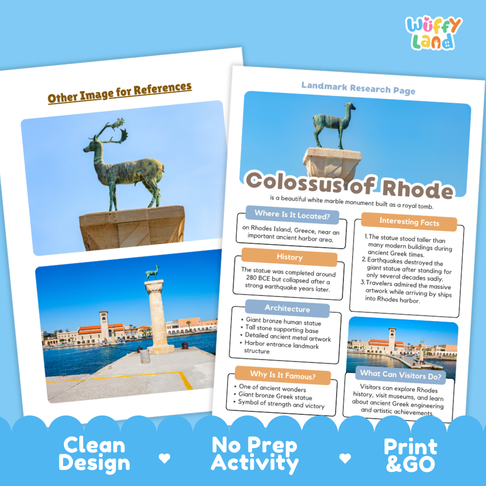 An educational activity sheet titled 'Landmark Research Page' about the Colossus of Rhodes, featuring a printed page with text boxes and a small inset reference photo. The sheet is shown on a white background with a blue banner at the bottom reading 'Clean Design No Prep Activity Print & GO' and a 'Wiffly land' logo in the top right.