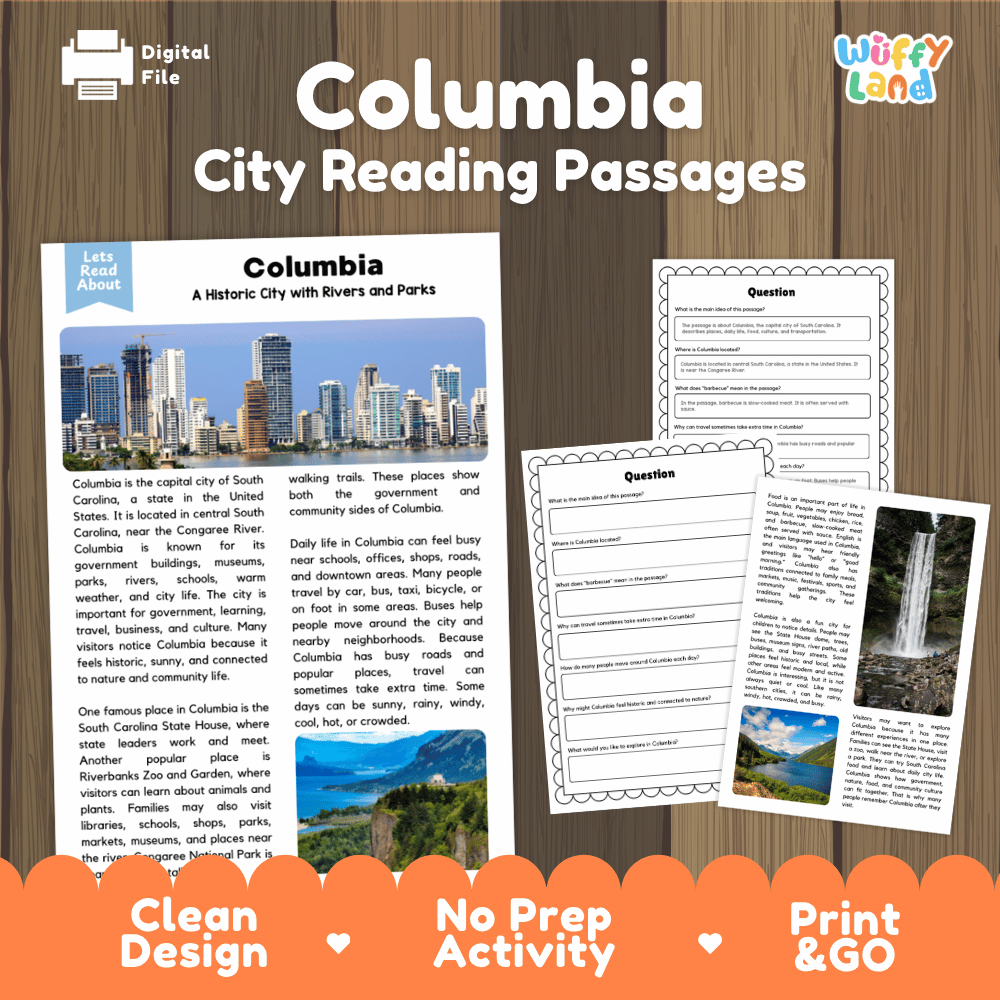 Columbia city reading passages and comprehension worksheet educational unit featuring nonfiction text and authentic Columbia South Carolina skyline and river photography