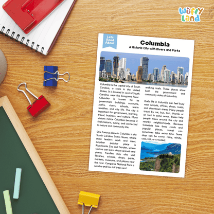 Lined reading comprehension question worksheet covering main ideas vocabulary terms and landmark facts about Columbia South Carolina