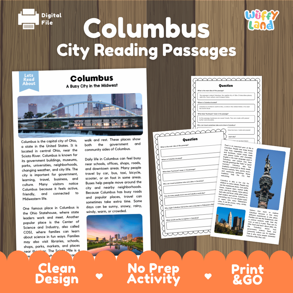Columbus city reading passages and comprehension worksheet educational unit featuring nonfiction text and authentic Columbus Ohio skyline and river photography
