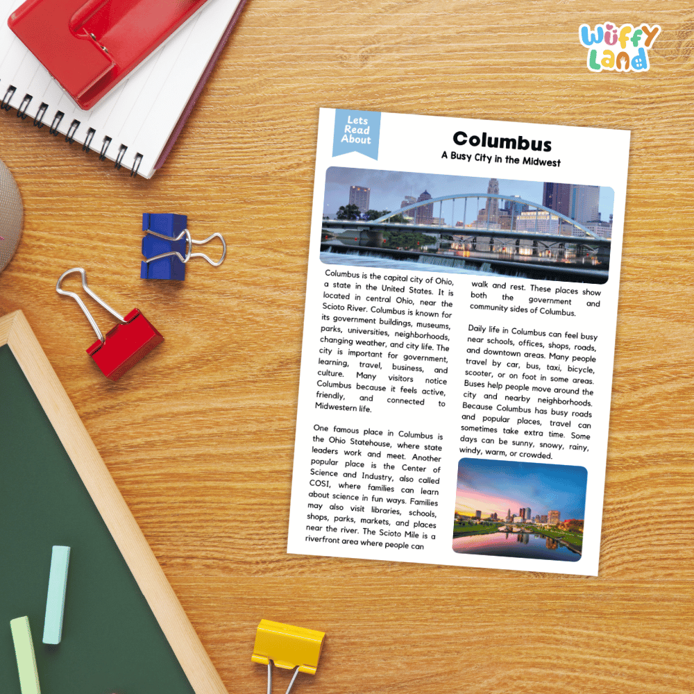 Lined reading comprehension question worksheet covering main ideas vocabulary terms and landmark facts about Columbus Ohio