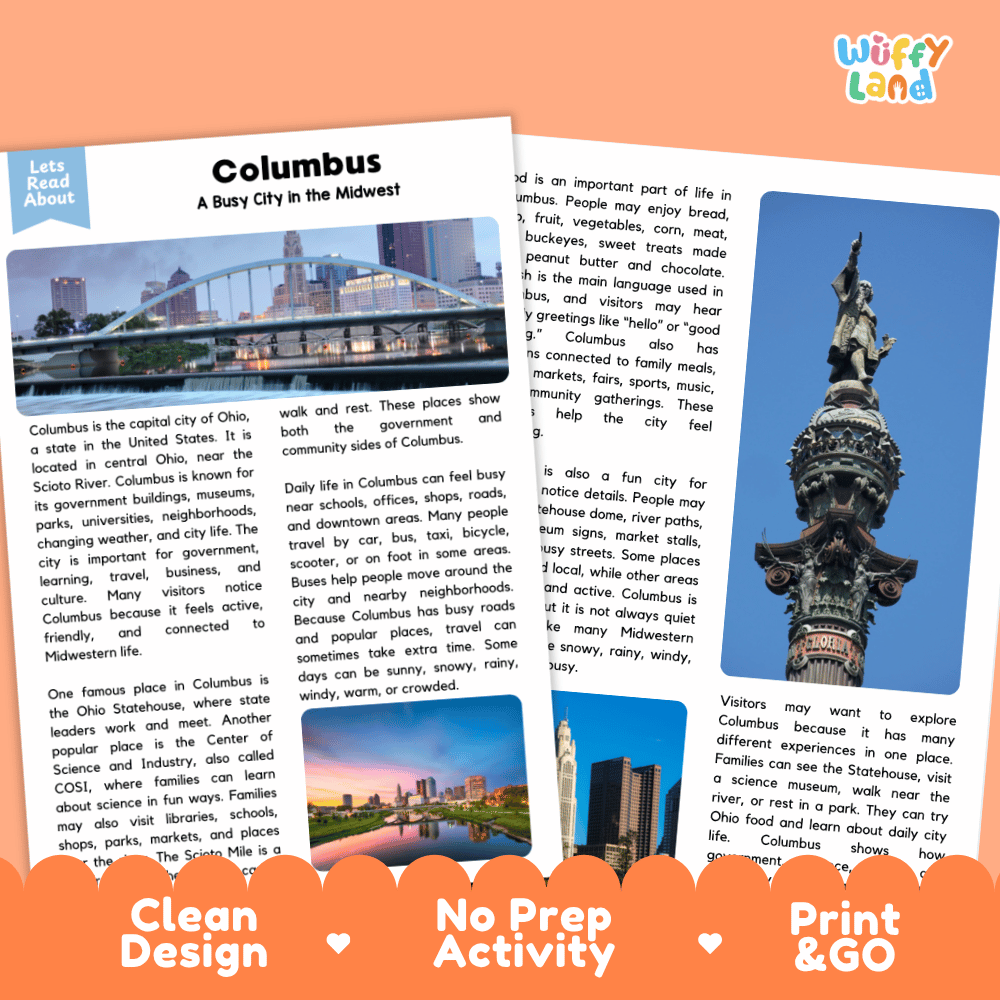 Reference sheet and answer key for Columbus landmark reading passage displaying completed comprehension answers and United States geography facts