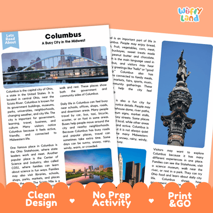 Reference sheet and answer key for Columbus landmark reading passage displaying completed comprehension answers and United States geography facts