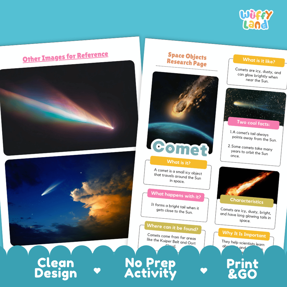 Two educational activity sheets for a comet research project, displayed on a bright teal background. The left sheet is titled 'Other Images for Reference' and shows a comet.