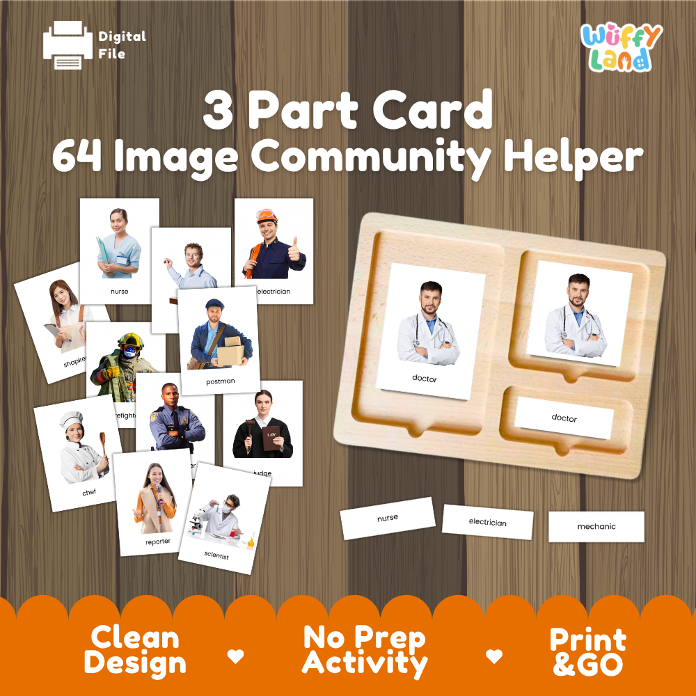 Community helpers 3 part cards Montessori printable featuring 64 occupations with realistic pictures, word labels and matching cards