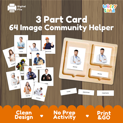 Community helpers 3 part cards Montessori printable featuring 64 occupations with realistic pictures, word labels and matching cards