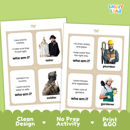 Printable flashcards showing riddle descriptions alongside professional photos of bakers, couriers, and construction workers