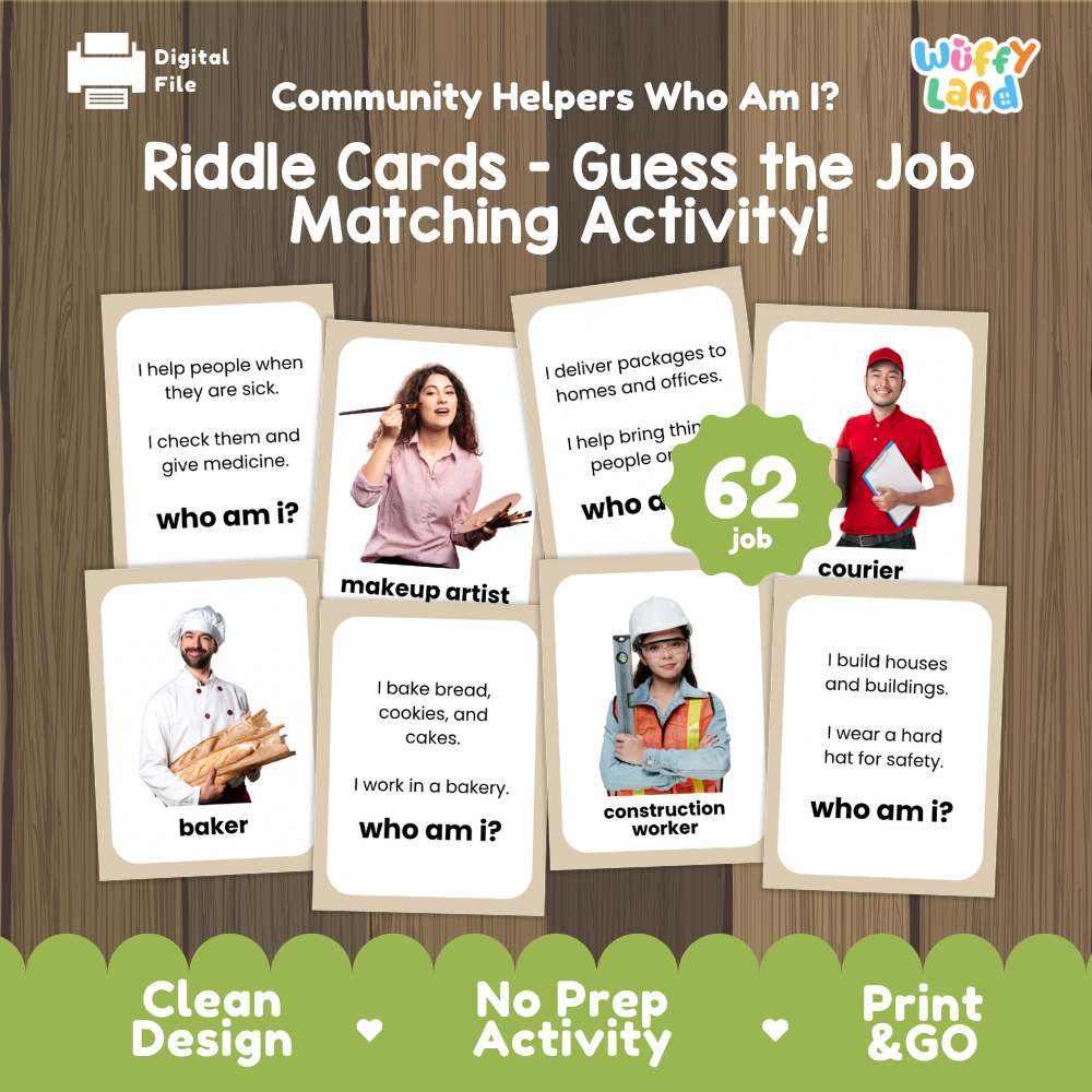 Community helpers riddle cards cover showing printable guess the job matching activity cards featuring 62 jobs