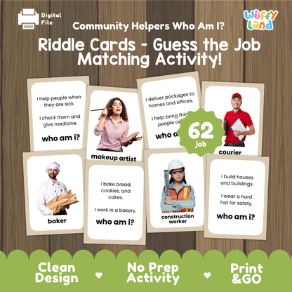 Community helpers riddle cards cover showing printable guess the job matching activity cards featuring 62 jobs