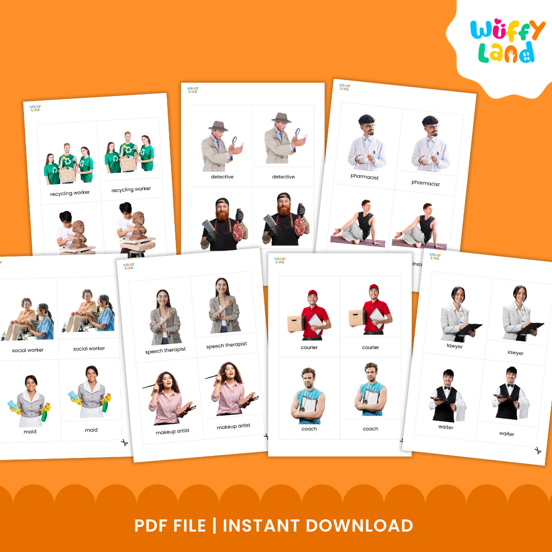 Printable community helpers vocabulary cards featuring doctor, nurse, firefighter, chef, scientist and other occupations for kids