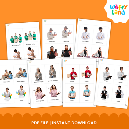 Printable community helpers vocabulary cards featuring doctor, nurse, firefighter, chef, scientist and other occupations for kids