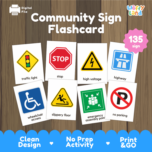 Community Sign Flashcard 135 safety and traffic signs printable activity pack overview from Wuffy Land 🛑🚦