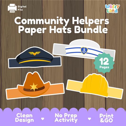 Promotional graphic for the 'Community Helpers Paper Hats Bundle' by Wiffly Land, showing four printable paper hat designs on a wood plank background: a navy police cap, a white and blue nurse hat, a brown sheriff's hat, and a yellow construction hat. Text highlights '12 Pages' and features 'Clean Design', 'No Prep Activity', and 'Print & GO' on a purple banner at the bottom.