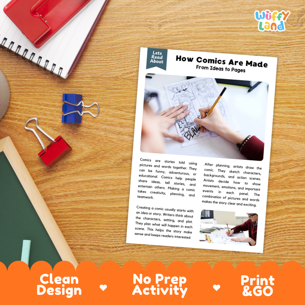 Printable student worksheet with short-answer reading comprehension questions covering comics and storytelling