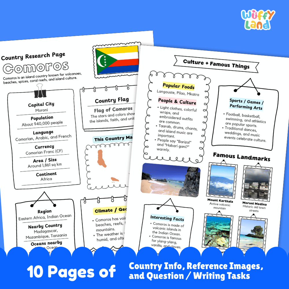 Comoros Country Research Project Worksheets and Activity Pages
