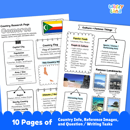Comoros Country Research Project Worksheets and Activity Pages
