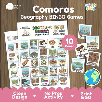 Comoros Geography BINGO Games Printable Country Study Activity Cards