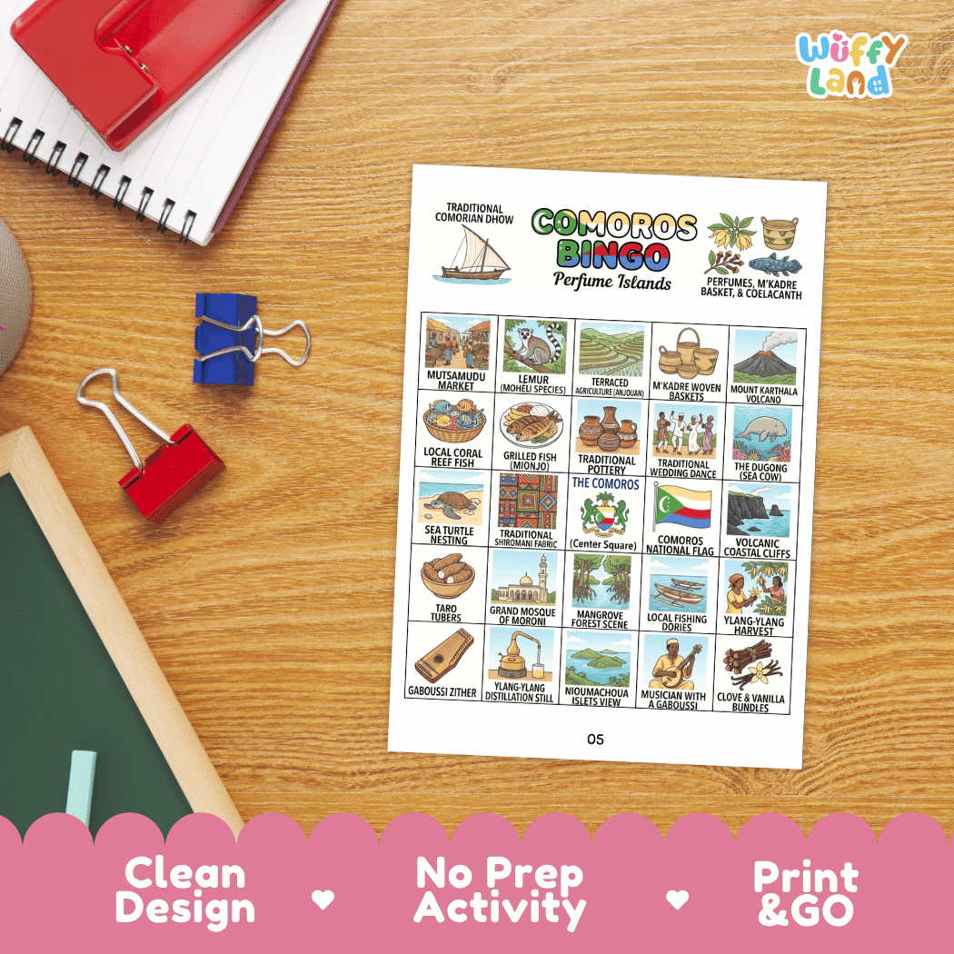 Comoros Geography BINGO Games Printable Country Study Activity Cards