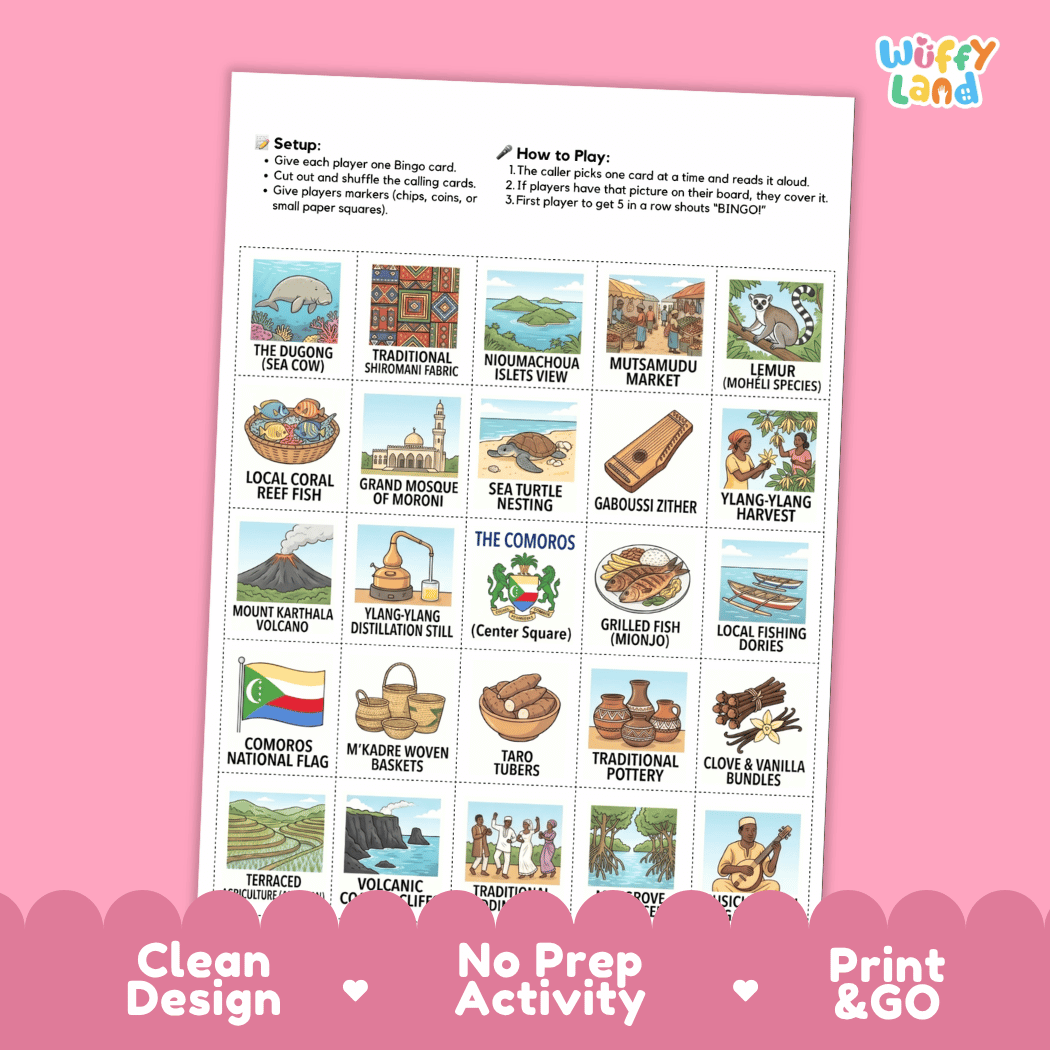 Comoros Geography BINGO Games Printable Country Study Activity Cards