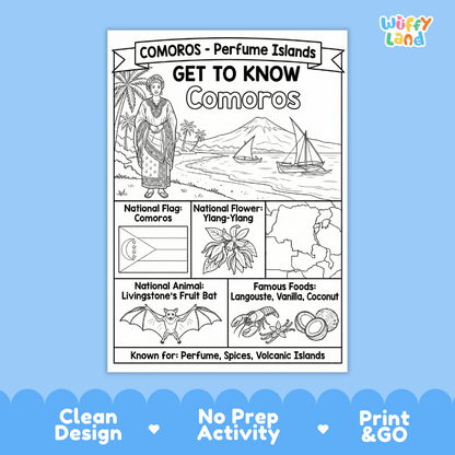 Comoros Geography Coloring Poster and Fact Sheet Printable Worksheets