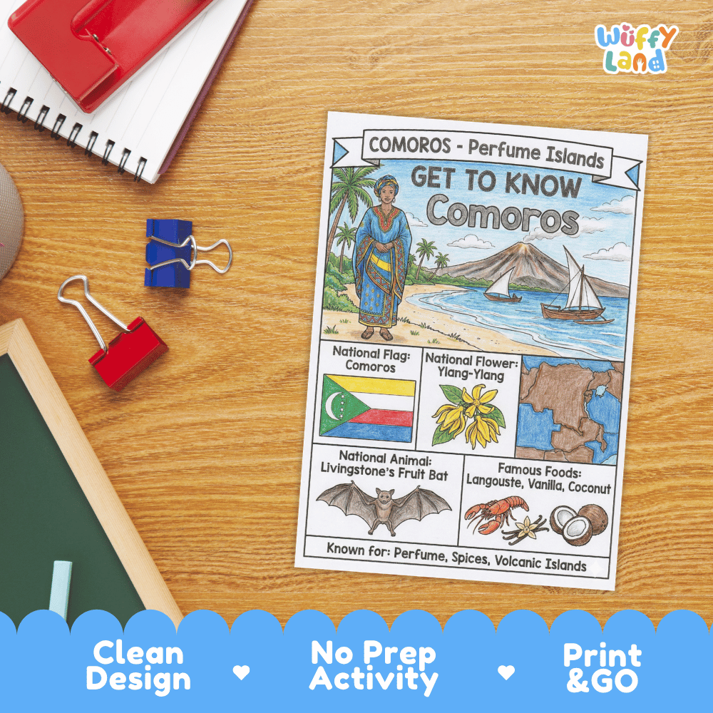 Comoros Geography Coloring Poster and Fact Sheet Printable Worksheets