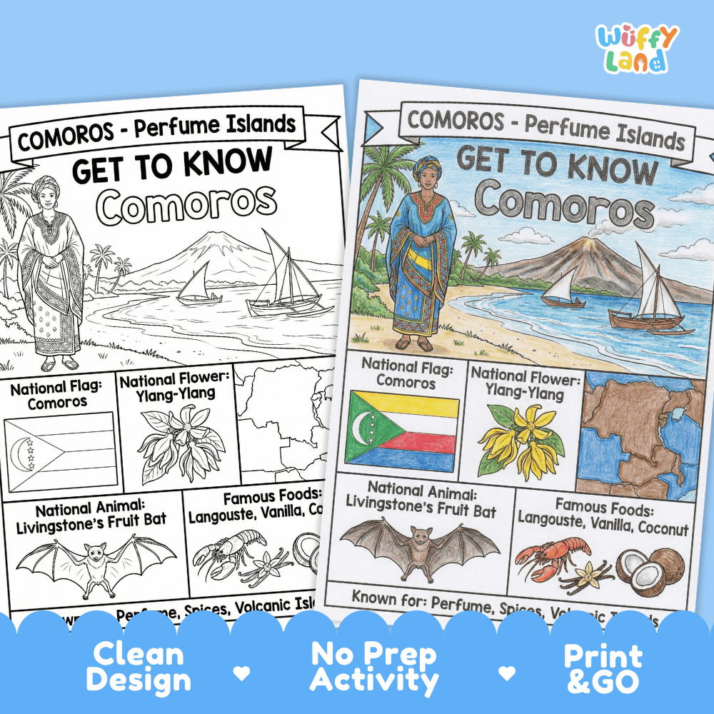 Comoros Geography Coloring Poster and Fact Sheet Printable Worksheets