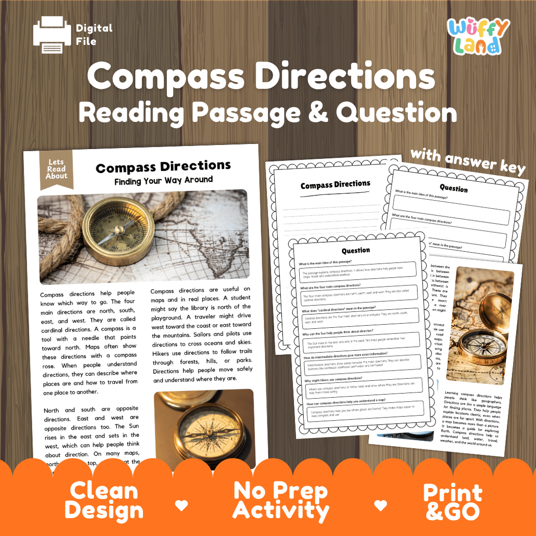 Compass directions reading comprehension passage and questions printable activity pack with answer key for elementary students