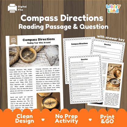 Compass directions reading comprehension passage and questions printable activity pack with answer key for elementary students