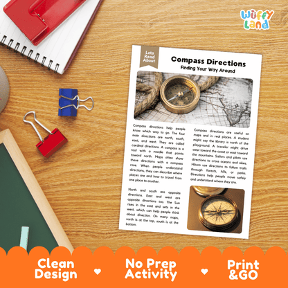 Student reading comprehension worksheet with short-answer questions and lined sections about compass directions
