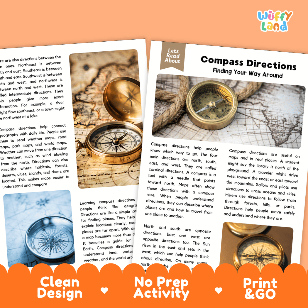 Teacher answer key page showing complete question solutions for compass directions reading comprehension practice