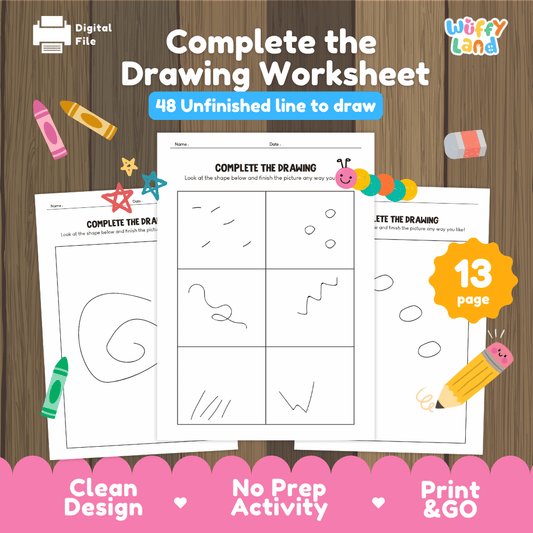 Complete the drawing worksheet printable creative line art activity pack overview from Wuffy Land featuring 13 pages and 48 unfinished line prompts 🎨✏️