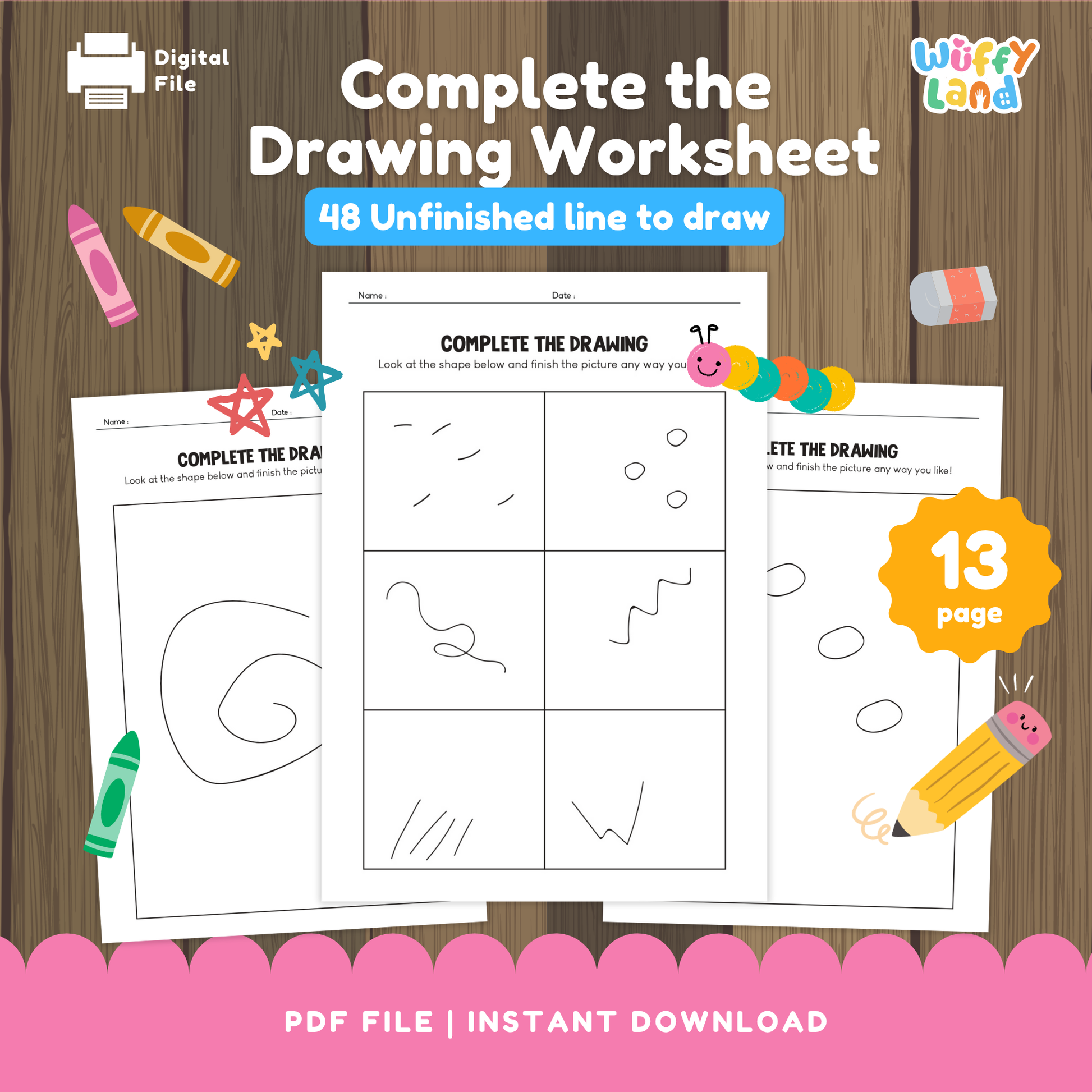 Printable “Complete the Drawing” worksheets for kids featuring unfinished lines and shapes for children to complete, including multiple prompt pages and doodle-style art supplies like crayons and pencils