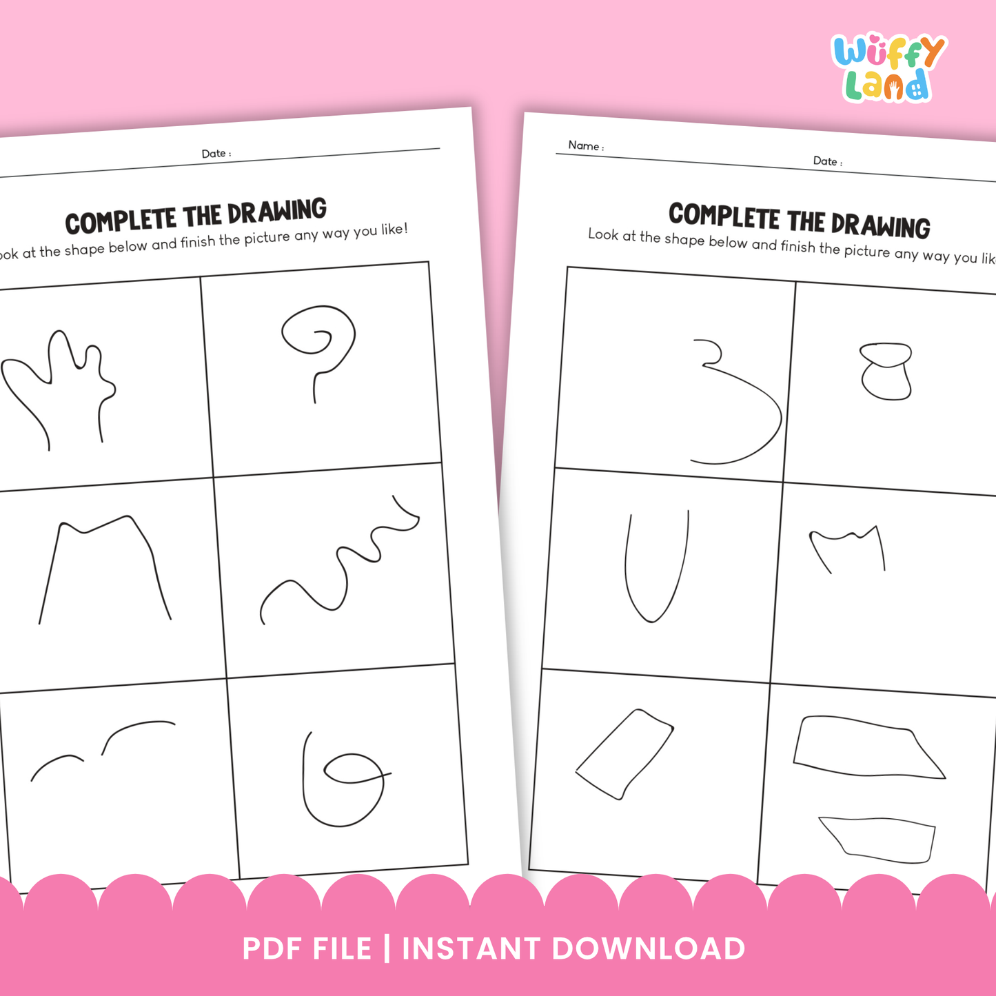 Printable “Complete the Drawing” worksheets for kids featuring unfinished lines and shapes for children to complete, including multiple prompt pages and doodle-style art supplies like crayons and pencils