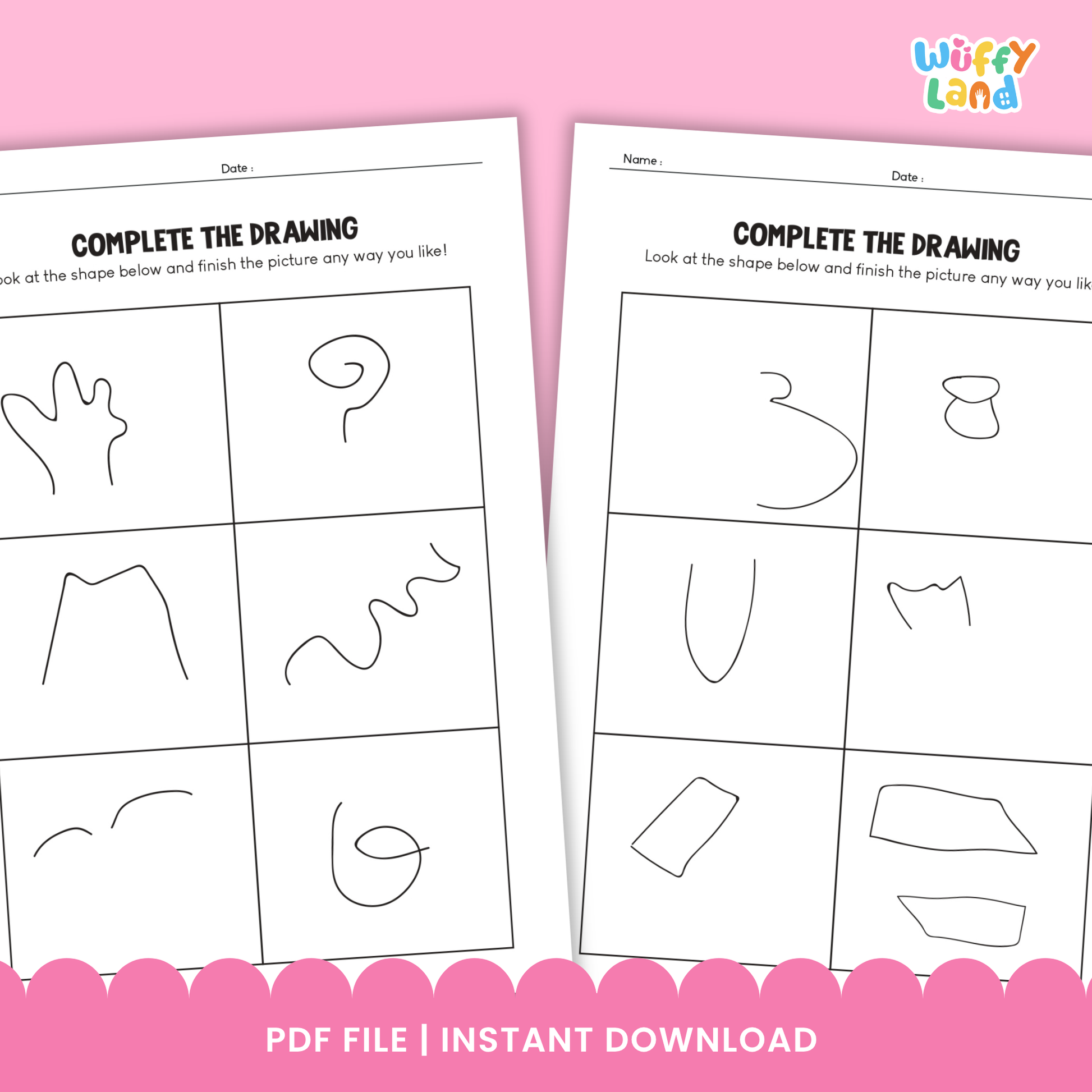 Printable “Complete the Drawing” worksheets for kids featuring unfinished lines and shapes for children to complete, including multiple prompt pages and doodle-style art supplies like crayons and pencils